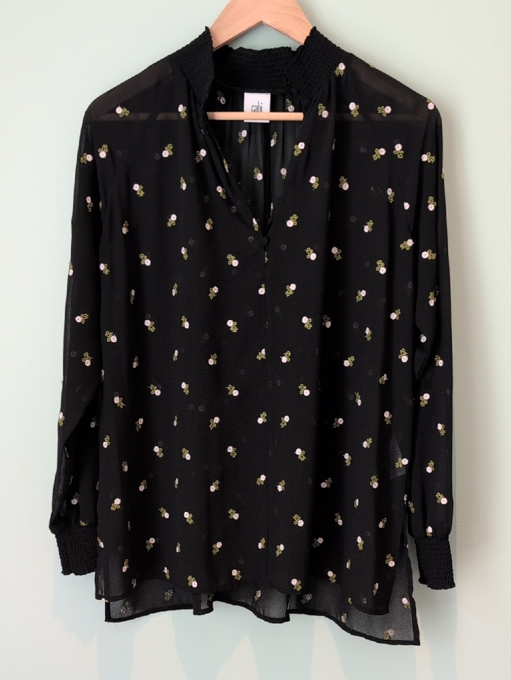 CAbi Black Floral Smocked-Neck Sheer Long-Sleeve Blouse